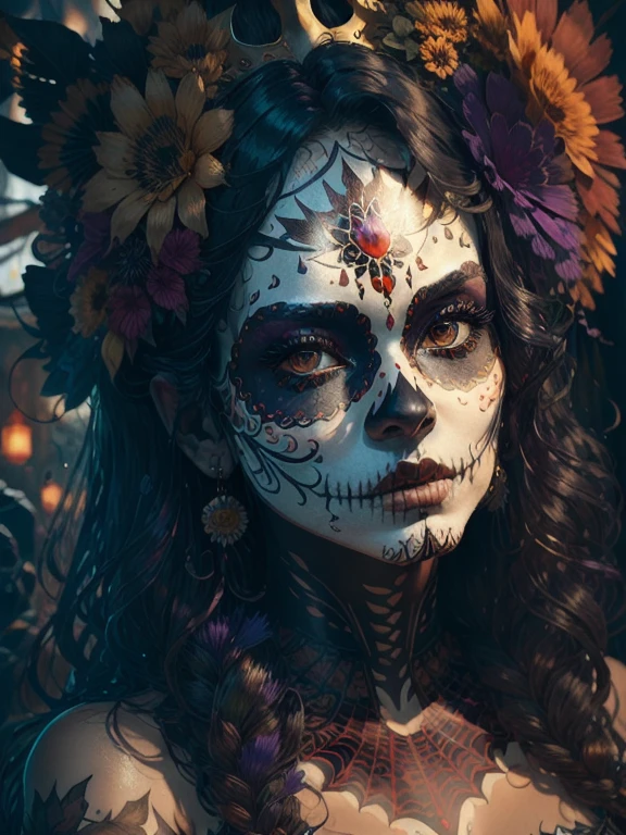 The portrait features a woman in the foreground, her face covered with an elaborate Mexican mask of the dead, known as 'Catrina'. The mask is vibrant and detailed, with intricate floral designs and skulls painted in intense colors like red, blue, Gold and purple. The woman's eyes, dark and deep, gaze directly at the viewer, conveying a mix of serenity and mystery.

The makeup surrounding the mask is decorated with flower and spider web motifs in metallic tones, adding a touch of brightness against the white and painted skin. Her hair is adorned with a crown of colorful flowers, typical of the Day of the Dead, that add an element of celebration and life to the scene.

The background is absolute darkness, making the colors of the mask and flowers stand out with great intensity. Dramatic lighting falls on her face, accenting the contours of the mask and creating deep shadows that add an air of mystery and solemnity. The contrast between the vibrant colors of the mask and the darkness surrounding it creates a powerful and emotional atmosphere, that captures the essence of the Day of the Dead with a touch of drama and beauty