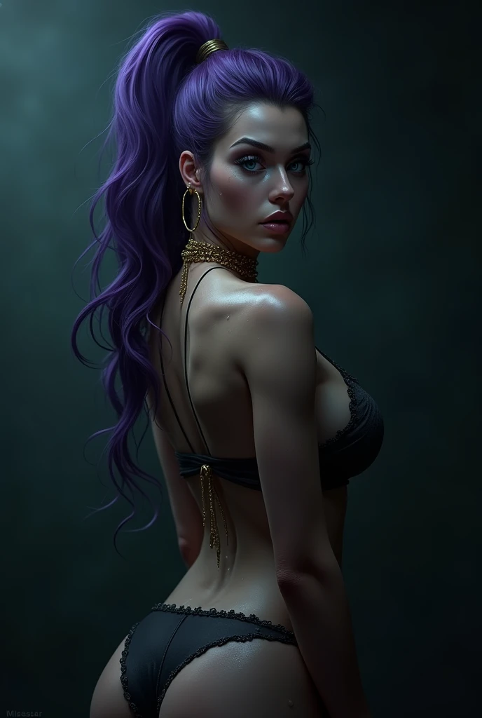(table top, highest quality:1.2), 1 girl, alone,( dynamic angle,:1.1) mature, 100facehassan, destiny, (dark gray skin:1.2), blue eyes, long hair, purple hair, ponytail, big lips, blank expression, gold jewelry, big breasts, pants, Tight, belly button, abs, hoop earrings, halter neck, Dark background, background、realistic, Plump buttocks, slender body, Tightウエスト, from low behind 5meters, lingerie sweat