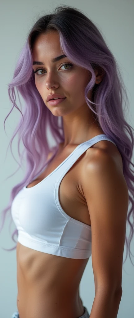 (masterpiece),(Highest quality),(Super detailed),(Ultra-high resolution),(Photorealistic Stick),(RAW Photos),8k,wallpaper,Women&#39;s photos,(Track and field athlete:2.0),Portrait Photography,Beautiful woman,(Eye light,Sharp pupils,Detailed eye drawing),(Detailed skin texture:1.6), long hair, pastel purple hair, caucasian type, dark eyebrows, Looking at me,(front),(front:2.0),(sexy:2.0), beautiful detailed eyes, beautiful detailed lips, extremely detailed face and skin, long eyelashes, masterpiece, (best quality,4k,8k,highres,masterpiece:1.2),ultra-detailed,(realistic,photorealistic,photo-realistic:1.37), portrait, realistic, average breast, Tight Tank Top Portrait (1.0), A single girl in a solo setting, showcasing her athletic physique, with a simple white tank top clinging to her body, The tank top's fabric, molded to her body, reveals the gentle curves of her torso, and her black eyes, extremely detailed and mesmerizing, gaze directly at the viewer