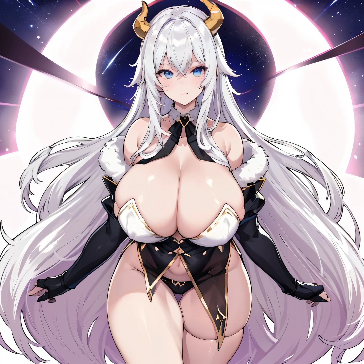 femme capricorne, sexy, (gigantesque poitrine:1.4), cheveux blanc, cornes, tenue sexy, la nuit, dans les étoiles, nébuleuse