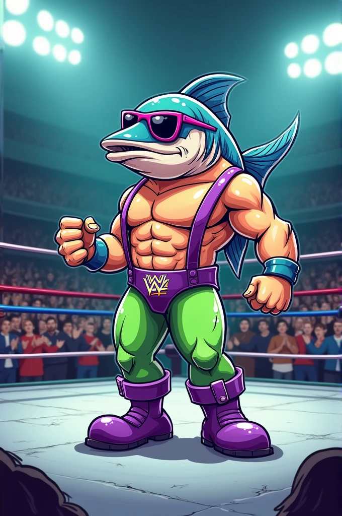 cartoon salmon dressed like macho man Randy savage in wrestling ring 