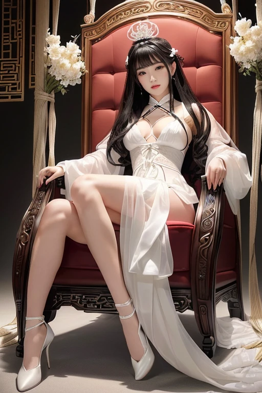A woman in a white dress、sitting in a chair with a man wearing a tuxedo, Tied to a chair, Japanese Goddess, Japanese flower binding, Gorgeous Chinese Model, on her throne, Rope Bondage, Japanese Model, captivating and mesmerizing, shibari, sitting on her throne, Graceful pose, Perfect Construction, Sexy pose, At the bow