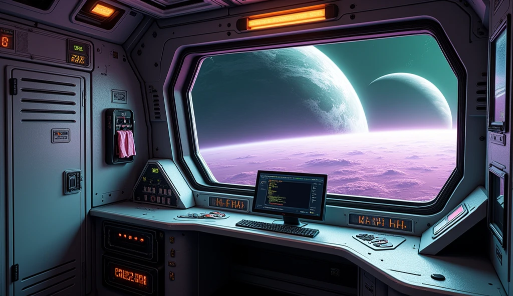 create an inner of a spaceship; there are some controls, and a computer screen that it runs a Linux terminal; the spaceship is made with carbon fiber and aluminium material, and there is a large window that you can see the deep-space outside that is purple and green aura with 2 planets with rings; there is a locker that has a label saying "Mii"