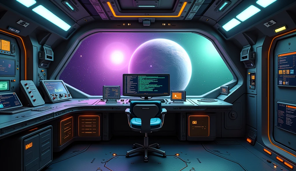 create an inner of a spaceship; there are some controls, and a computer screen that it runs a Linux terminal; the spaceship is made with carbon fiber and aluminium material, and there is a large window that you can see the deep-space outside that is purple and green aura with 2 planets with rings; there is a locker that has a label saying "Mii"