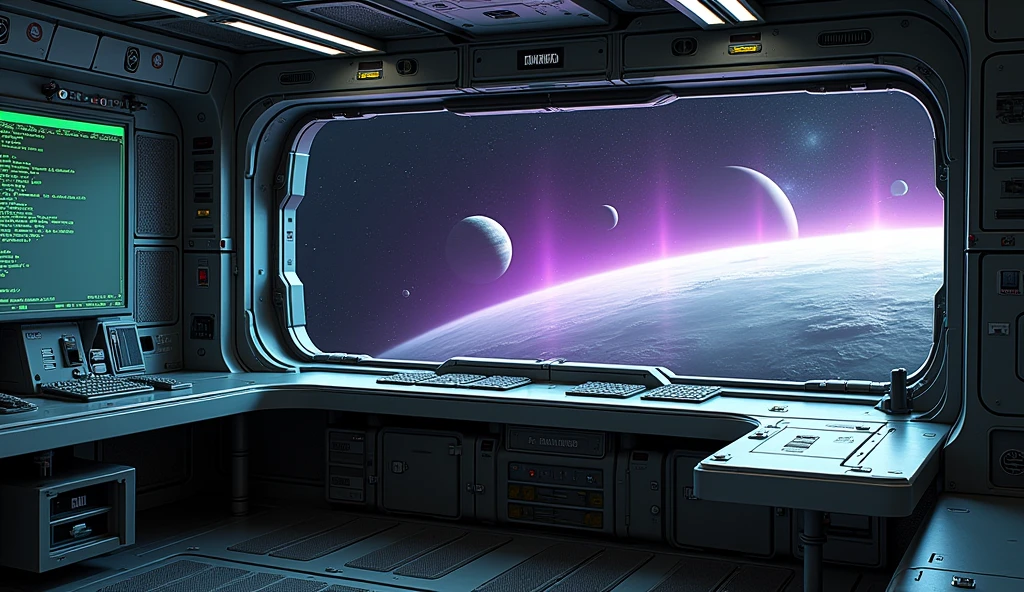 create an inner of a spaceship; there are some controls, and a computer screen that it runs a Linux terminal; the spaceship is made with carbon fiber and aluminium material, and there is a large window that you can see the deep-space outside that is purple and green aura with 2 planets with rings; there is a locker that has a label saying "Mii"