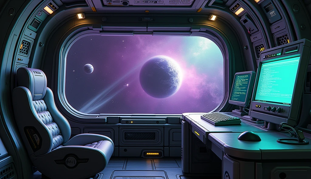 create an inner of a spaceship; there are some controls, and a computer screen that it runs a Linux terminal; the spaceship is made with carbon fiber and aluminium material, and there is a large window that you can see the deep-space outside that is purple and green aura with 2 planets with rings; there is a locker that has a label saying "Mii"