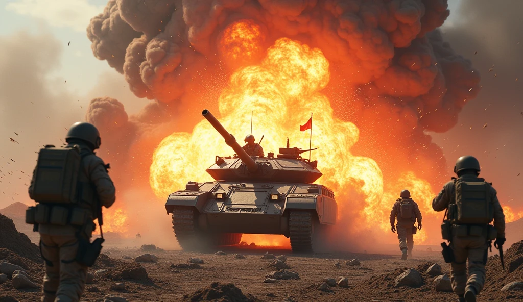 Draw a picture of an exploding tank with several soldiers next to it. Add high heat. Describes a very powerful explosion