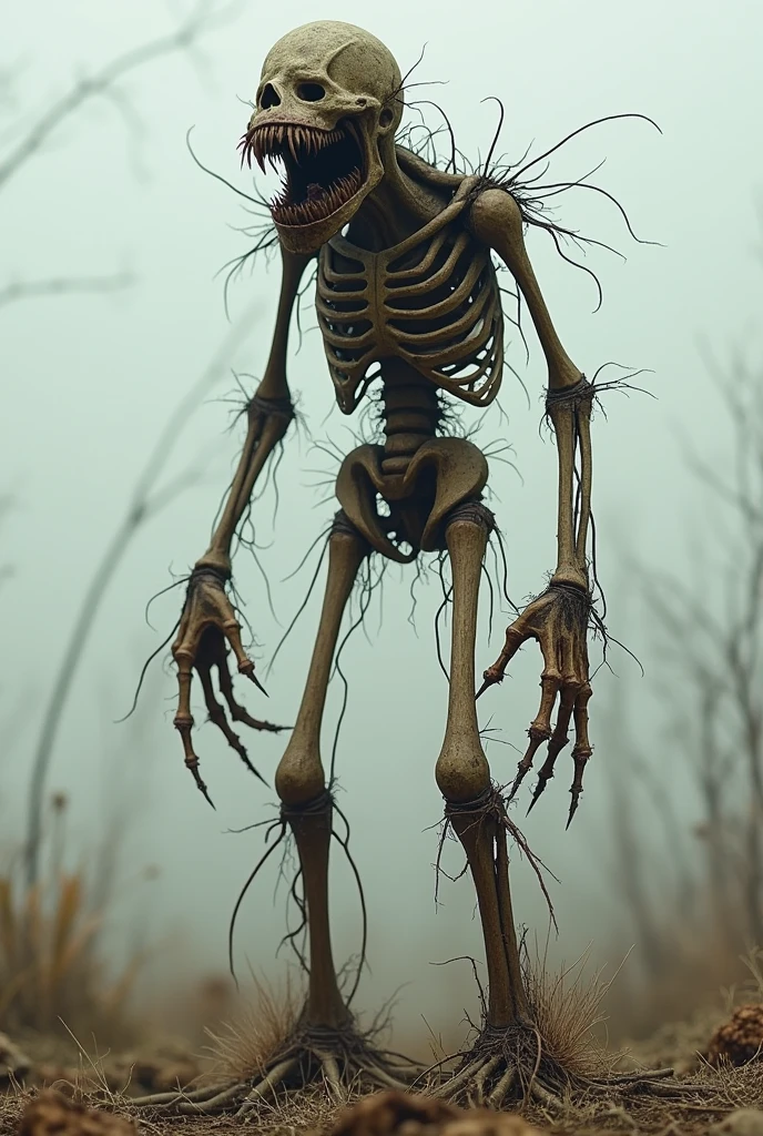 Thin, 2 legged scarecrow, with big mouth and lots of teeth. made up of sticks, not bones
