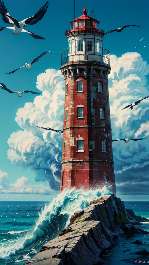 (detailed) Create an AI-generated image featuring a tall, majestic lighthouse perched on a rugged cliff overlooking the ocean. The lighthouse, with its bright red roof and glowing light at the top, stands out against a dramatic sky filled with billowing clouds. The waves crash against the rocks below, and seagulls can be seen flying around. The scene captures a sense of solitude and strength, with the lighthouse serving as a beacon of hope and guidance amidst the vast, turbulent sea.