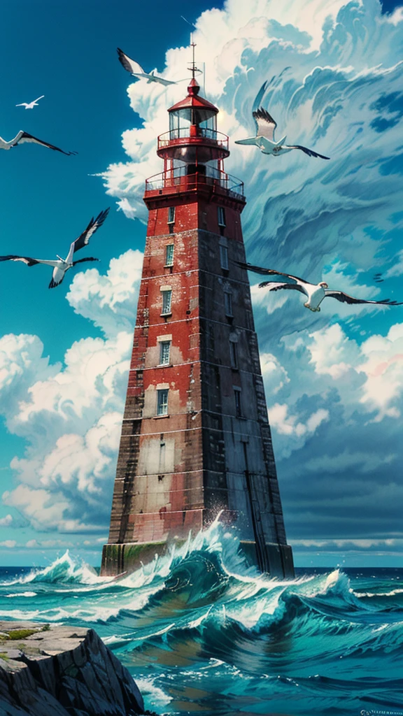 (detailed) Create an AI-generated image featuring a tall, majestic lighthouse perched on a rugged cliff overlooking the ocean. The lighthouse, with its bright red roof and glowing light at the top, stands out against a dramatic sky filled with billowing clouds. The waves crash against the rocks below, and seagulls can be seen flying around. The scene captures a sense of solitude and strength, with the lighthouse serving as a beacon of hope and guidance amidst the vast, turbulent sea.