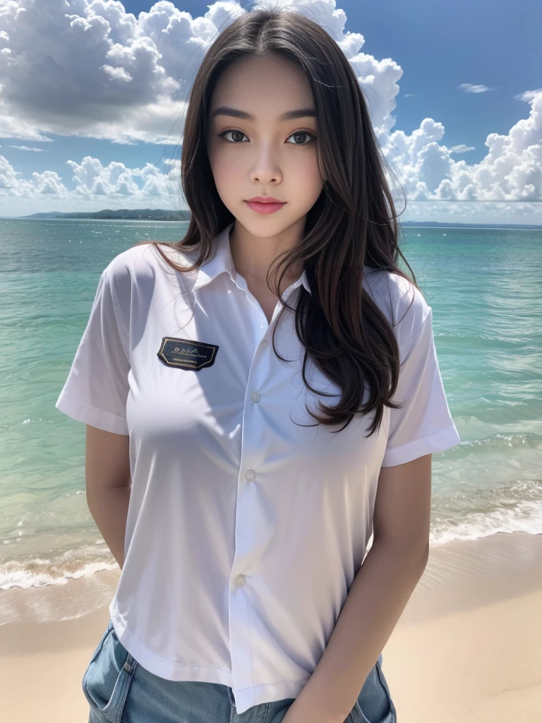 1girl, solo, (uniform), standing, at the beach, beautifully ocean scenery, detailed cute face, detailed eyes, thick medium breasts, smooth realistic skin, red latex shirt, white latex hot pants, looking at the audience, low angle shot,(8k, RAW photo, best quality, masterpiece: 1.2), (realistic, realistic: 1.37), ultra-high resolution