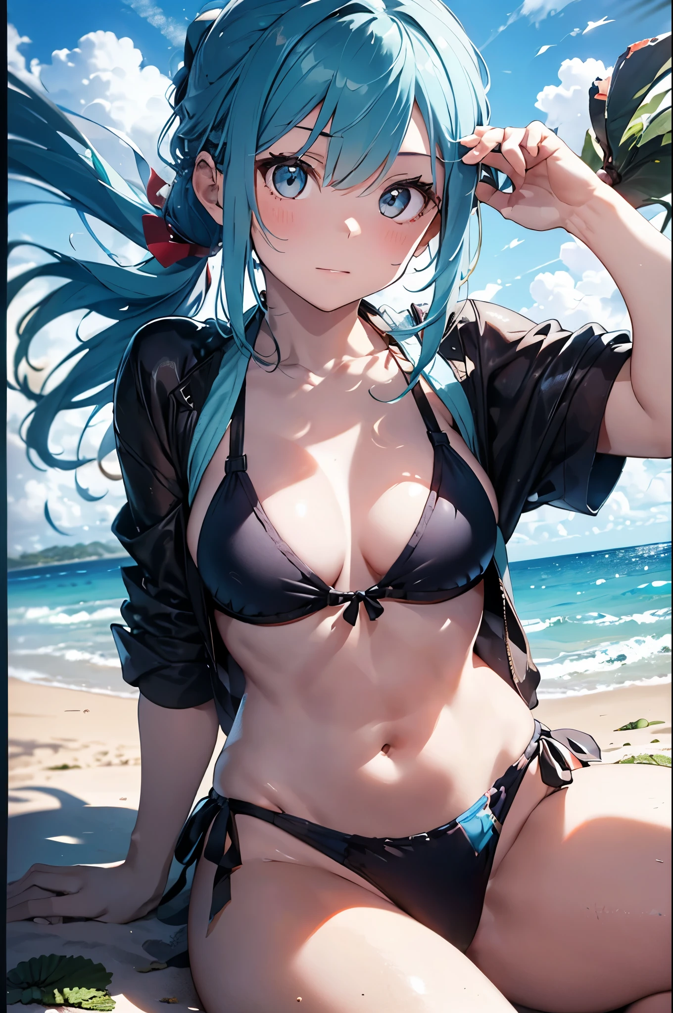 4K,8k,High resolution,
One beautiful young woman,Light blue hair、ponytail、
(Soft Saturation:1.3), (Fair skin:1.2),
(ultra-Detailed Background, Detailed Background), Bokeh,
break'Smiling portrait.,
When viewed from the front, The composition is symmetrical,
Looking straight at you with serious eyes,
break Swimwear, Strap Bikini, Center of chest,
Outdoor, Sea surface, null, sunlight,Summer beach, Sandy Beach,
Strong light, Front lighting,
(Teen:1.3), (Cowboy Shot:1.2),
Front brake angle,
View your viewers,
Dynamic pose,
sitting on the beach
Seaweed、Seaweed、Seaweed、Seaweed、Seaweed、Seaweed、Seaweed、