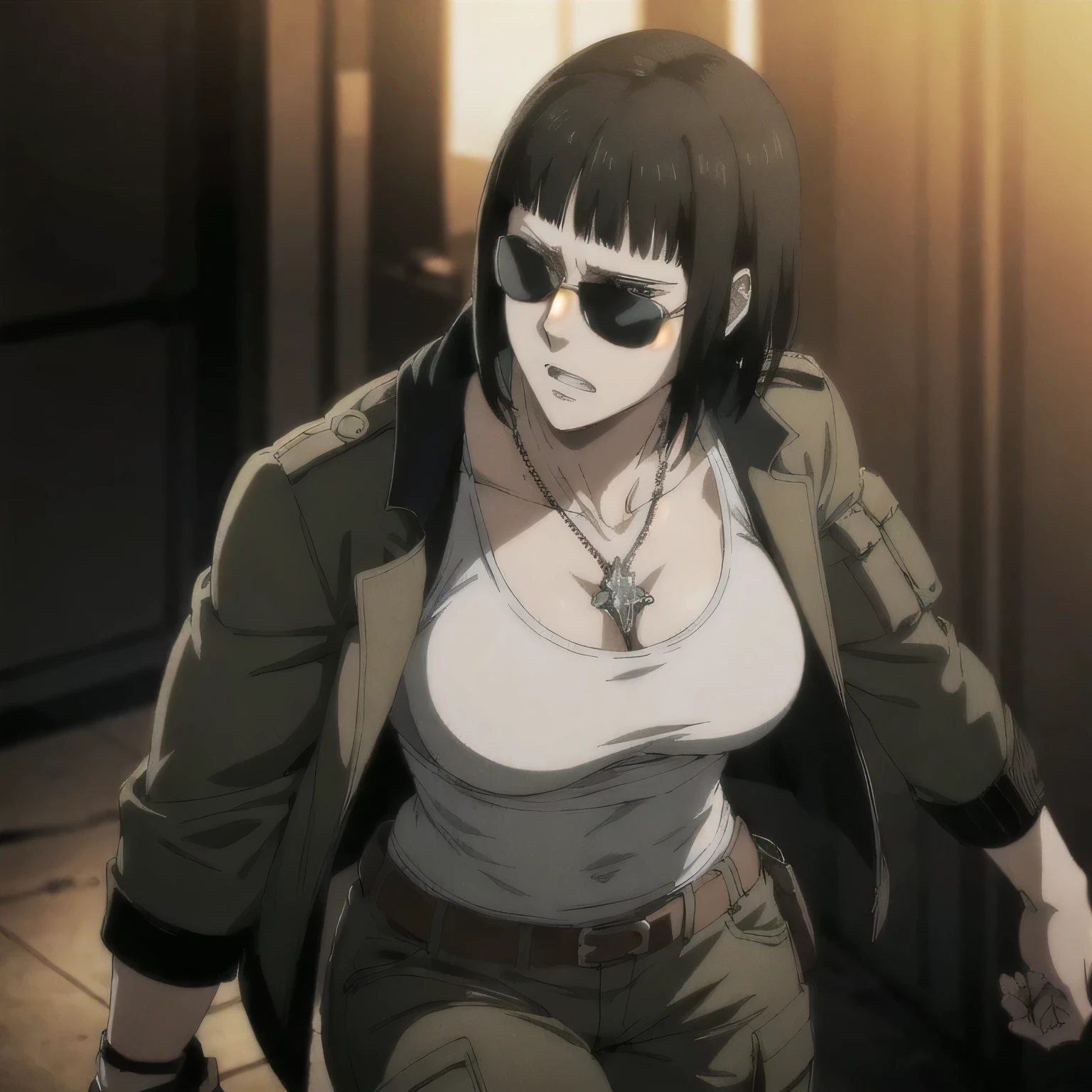 (best quality,ultra-detailed,realistic:1.37),musclaur badass girl with sculpted body have a tattoos tank top inside open jacket  and combat trousers with belt, full review of the female character's face and body, intense expression, strong and confident posture, studio lighting, vivid colors, physiologically-based rendering, grungy texture, rugged background, dust particles in the air, commanding presence, professional, powerful, gritty aesthetics,,Valmet،short hair,necklace,sunglasses,solo,