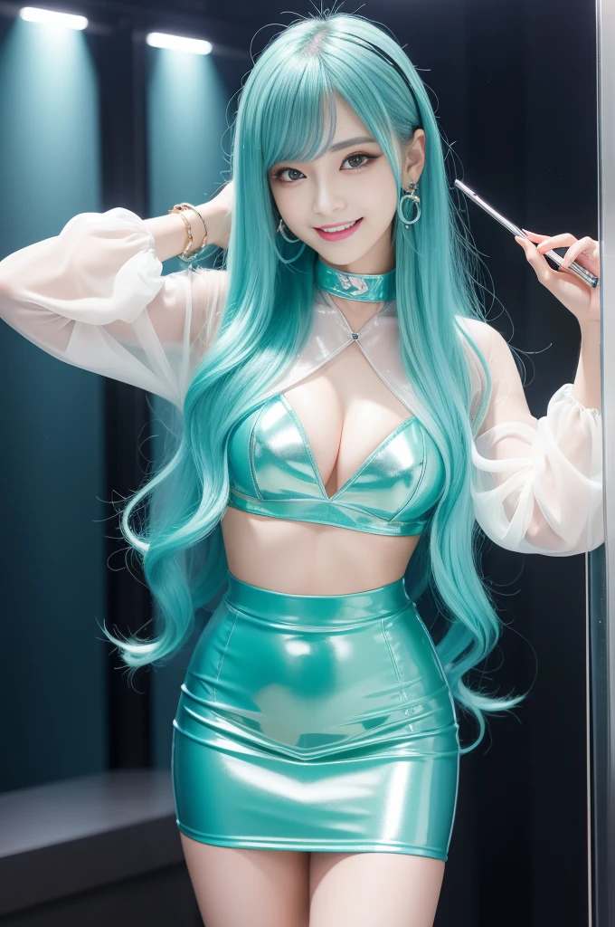 sexy stylish female idol、sexy smile、lipgloss、glossy transparent lipstick、Colorful metallic makeup、long lashes、full body Esbian、sheer latex tight mini skirt(turquoise blue and light green)、Colorful hair