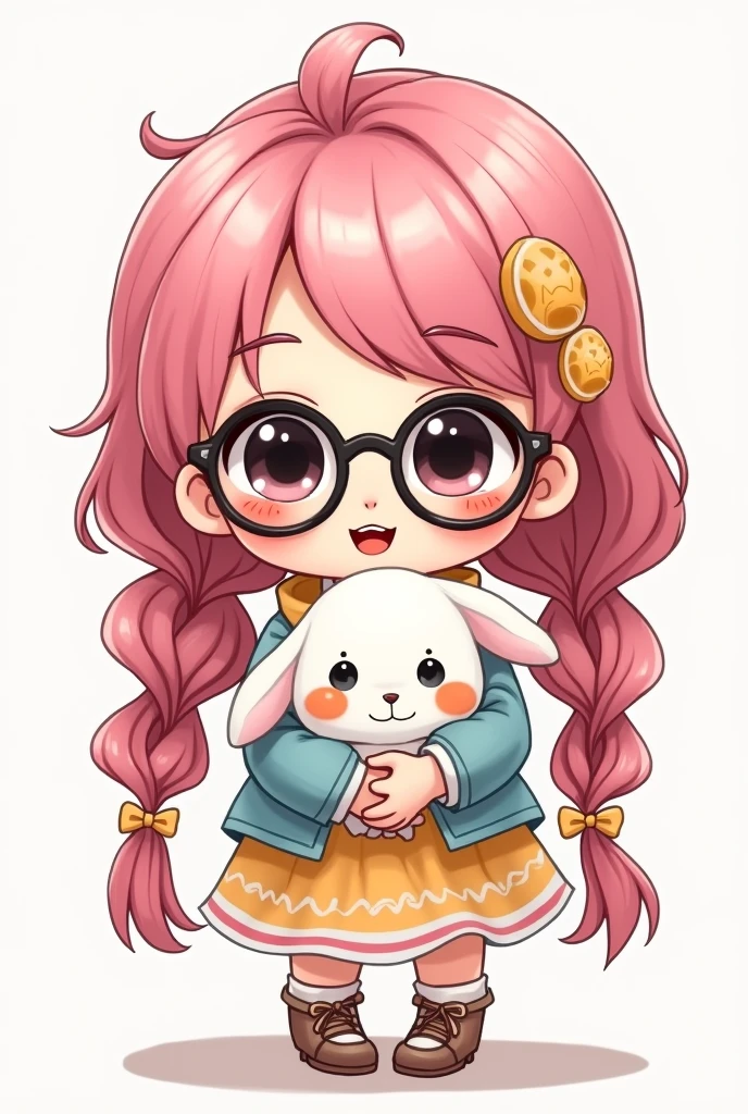 A chibi drawing of a girl with long pink hair in two braids, wearing glasses and a cute outfit. She has two fried eggs on her cheeks, big black eyes, and is holding a rabbit.