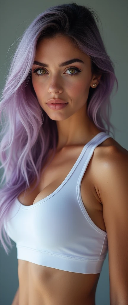 (masterpiece),(Highest quality),(Super detailed),(Ultra-high resolution),(Photorealistic Stick),(RAW Photos),8k,wallpaper,Women's photos,(Track and field athlete:2.0),Portrait Photography,Beautiful woman,(Eye light,Sharp pupils,Detailed eye drawing),(Detailed skin texture:1.6), long hair, pastel purple hair, caucasian type, dark eyebrows, Looking at me,(front),(front:2.0),(sexy:2.0), beautiful detailed eyes, beautiful detailed lips, extremely detailed face and skin, long eyelashes, masterpiece, (best quality,4k,8k,highres,masterpiece:1.2),ultra-detailed,(realistic,photorealistic,photo-realistic:1.37), portrait, realistic, average breast, Tight Tank Top Portrait (1.0), A single girl in a solo setting, showcasing her athletic physique, with a simple white tank top clinging to her body, The tank top's fabric, molded to her body, reveals the gentle curves of her torso, and her black eyes, extremely detailed and mesmerizing, gaze directly at the viewer