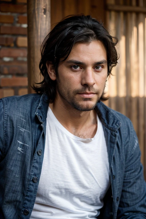 38 year-old Male, white male, tanned skin, handsome, black hair, and stubble beard, deep blue eyes, muscular body and thin, wearing a jacket and t-shirt and jeans, straight nose, oval face, canadian, his hair is below his ears, tousled messy hair badass