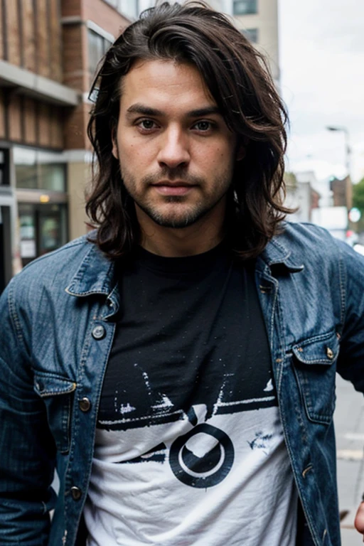 38 year-old Male, white male, tanned skin, handsome, black hair, and stubble beard, deep blue eyes, muscular body and thin, wearing a jacket and t-shirt and jeans, straight nose, oval face, canadian, his hair is below his ears, tousled messy hair badass