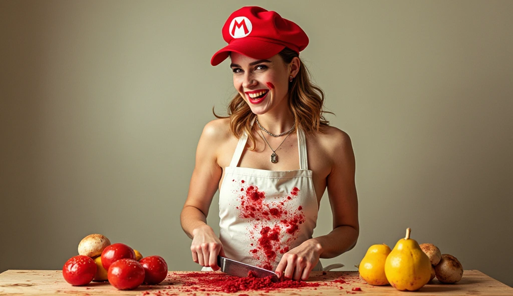 a poster for a movie. "vegan" is displayed at the top of the poster in a whimsical font  the tagline  "we all cheat a little" . Emma Watson is Princess peach,nude , wearing a Mario cap and blood splattered  white butchers apron. she is cutting  Mario mushrooms  with a cleaver, manic grin. 
