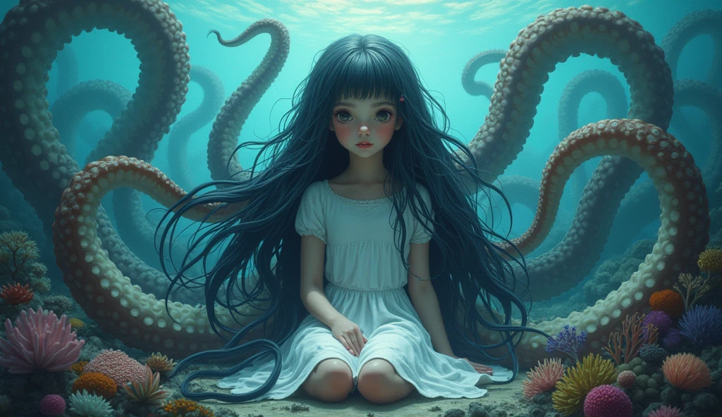Girl full body, long hair, deep sea, sitting on coral, giant octopus legs in background, octopus legs entangled in curly hair