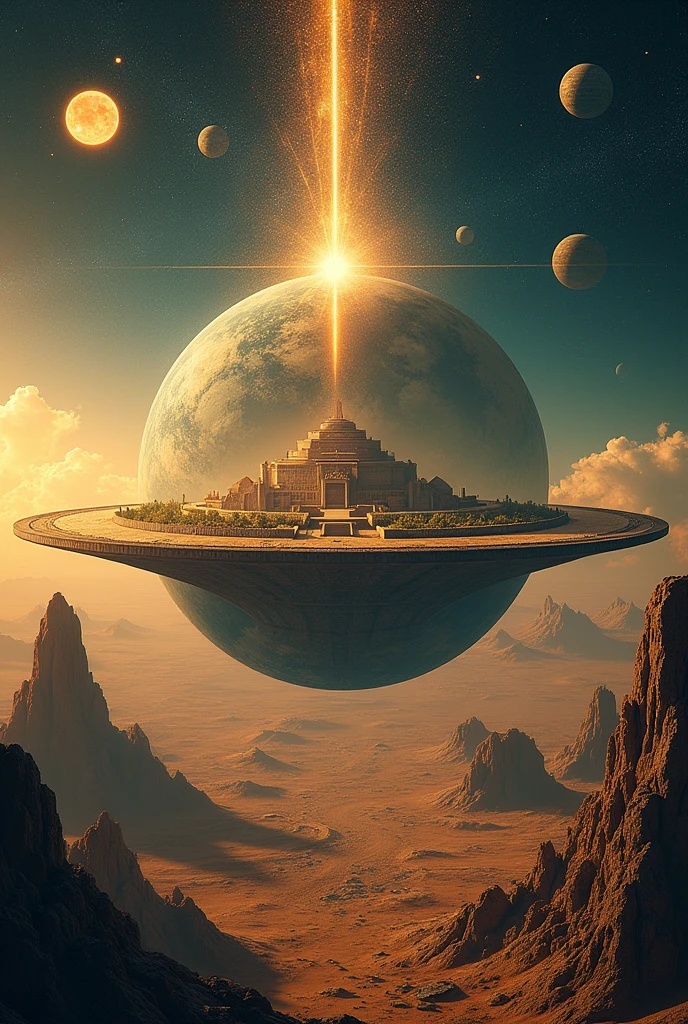 (photorealism:1.2), The earth was a flat disk (in the center of the disk is the land of Sumer with its cities and its great ziggurats, on the edges of this disk there was desert), surrounding the disk, the ocean, below the ocean and the disk, hell, above the disk and the ocean, the celestial dome or the sky, with the sun, the moon and the stars. The underworld and the sky would make a sphere, with the disk and the ocean in the center. Outside of this, the universe with its galaxies and its laganas stars.