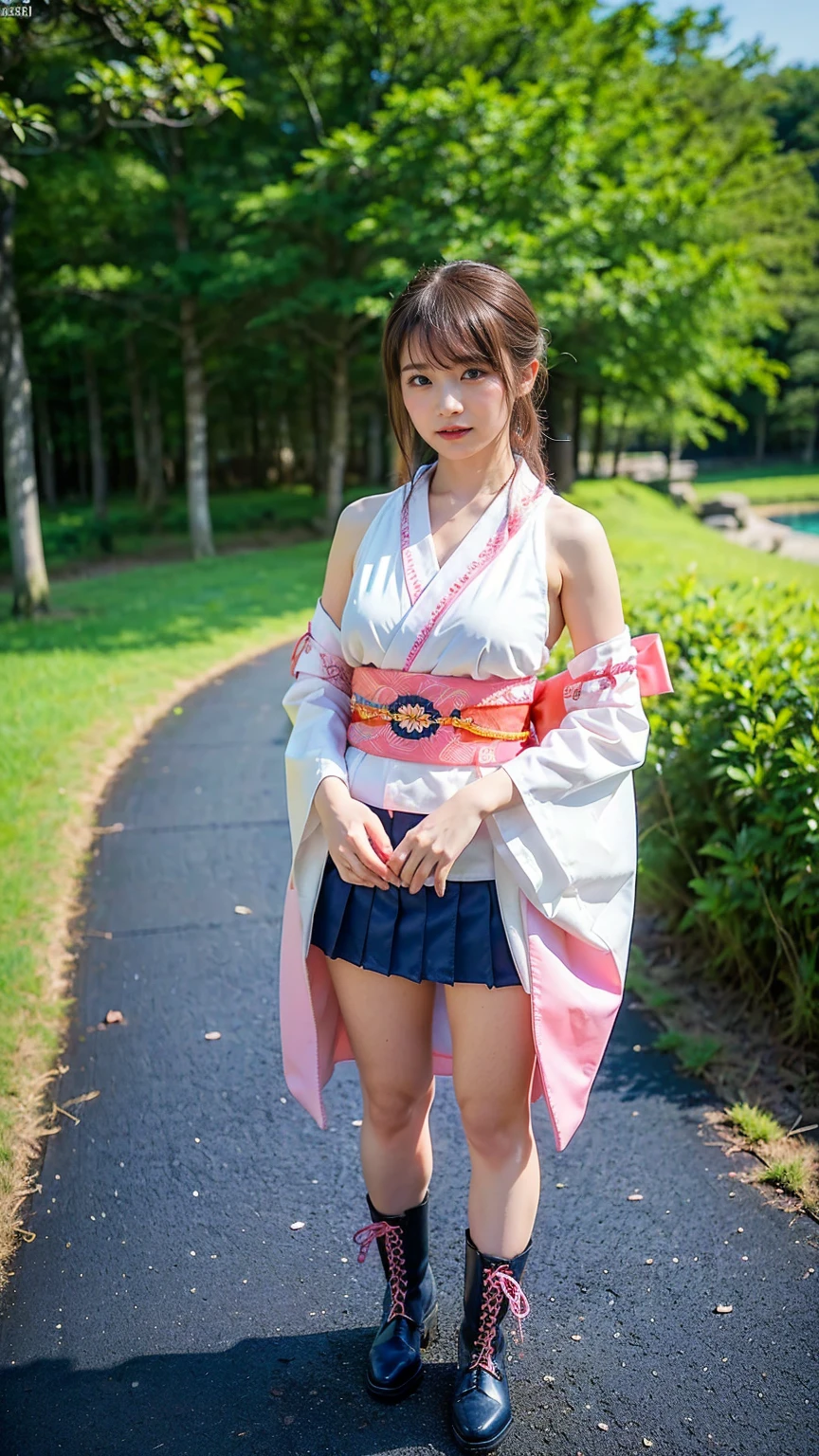 (8k、RAW Photos、Highest quality、masterpiece:1.2)、(Realistic、Realistic)、1 person、((Long-sleeved kimono、white、pink、navy blue、Shoulder visible、Breast enlargement、boots、ribbon、Thin legs、mini skirt、whole body、View from the front、Looking into the camera、Stand with hands on hips))、cute