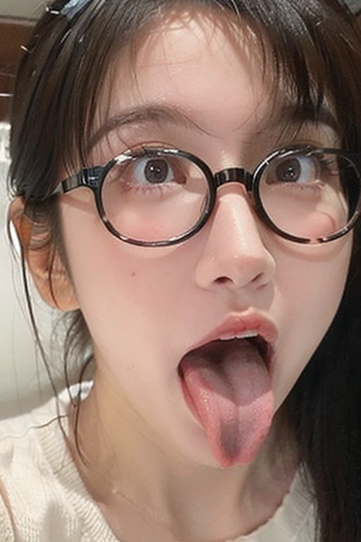 woman, beautiful girl, 、 Baby Face, Realistic skin of the highest quality, Eyes are focused, 20-year-old, Sticking out tongue, Focus on the mouth, Open your mouth, Long Tongue, saliva, Open your mouth , You can see inside the mouth, Open your mouth Sticking out tongue, Realistic tongue、Provocative eyes、look up、attractive、Wearing glasses