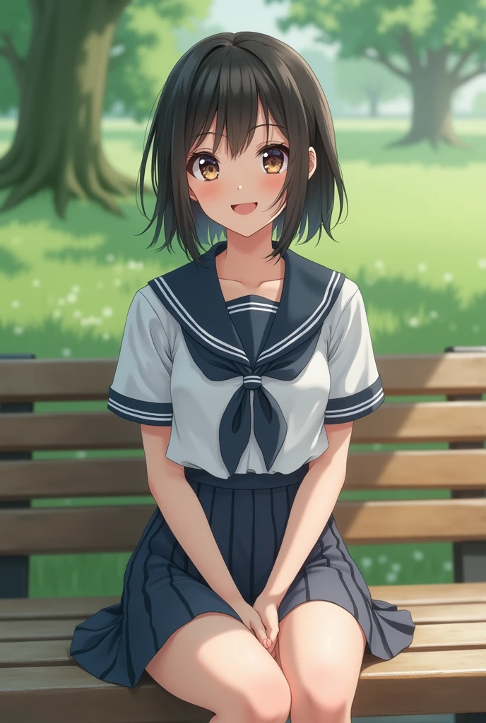 Highest quality　beautiful girl　Japanese　Cute high school girl　uniform　mini skirt　Beauty　Real People　Face looking at the camera　smile　Sit on a chair　Park bench　
