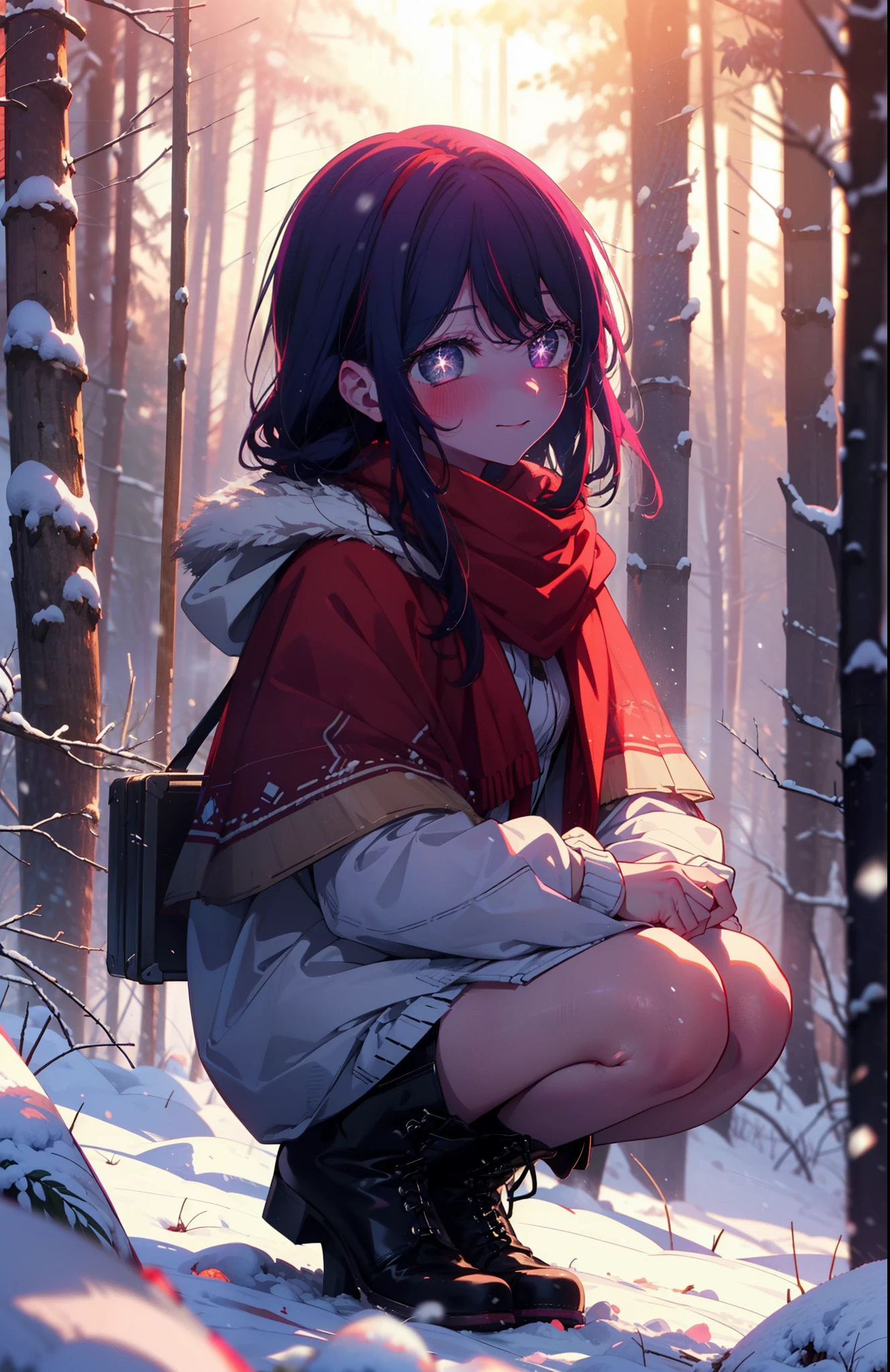 aihoshino, Ai Hoshino, Long Hair, bangs, (Purple eyes:1.1), Purple Hair, (Symbol-shaped pupil:1.5), smile,,smile,blush,white breath,
Open your mouth,snow,Ground bonfire, Outdoor, boots, snowing, From the side, wood, suitcase, Cape, Blurred, , forest, White handbag, nature,  Squat, Mouth closed, Cape, winter, Written boundary depth, Black shoes, red Cape break looking at viewer, Upper Body, whole body, break Outdoor, forest, nature, break (masterpiece:1.2), Highest quality, High resolution, unity 8k wallpaper, (shape:0.8), (Beautiful and beautiful eyes:1.6), Highly detailed face, Perfect lighting, Extremely detailed CG, (Perfect hands, Perfect ???????),