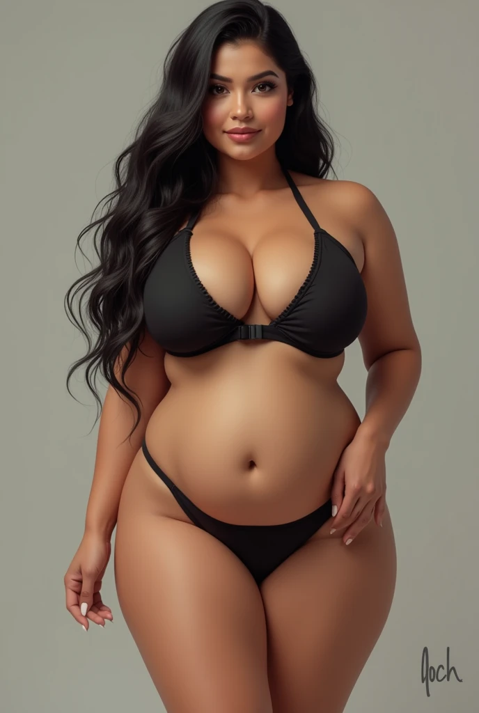 A young, 30-year-old Latina woman with fair skin and black hair , with wide hips with wide fat buttocks and waist almost the same as the hips with a little belly and lengths, not so big breasts , dressed in tight clothes with noticeable legs, holding a thong. 