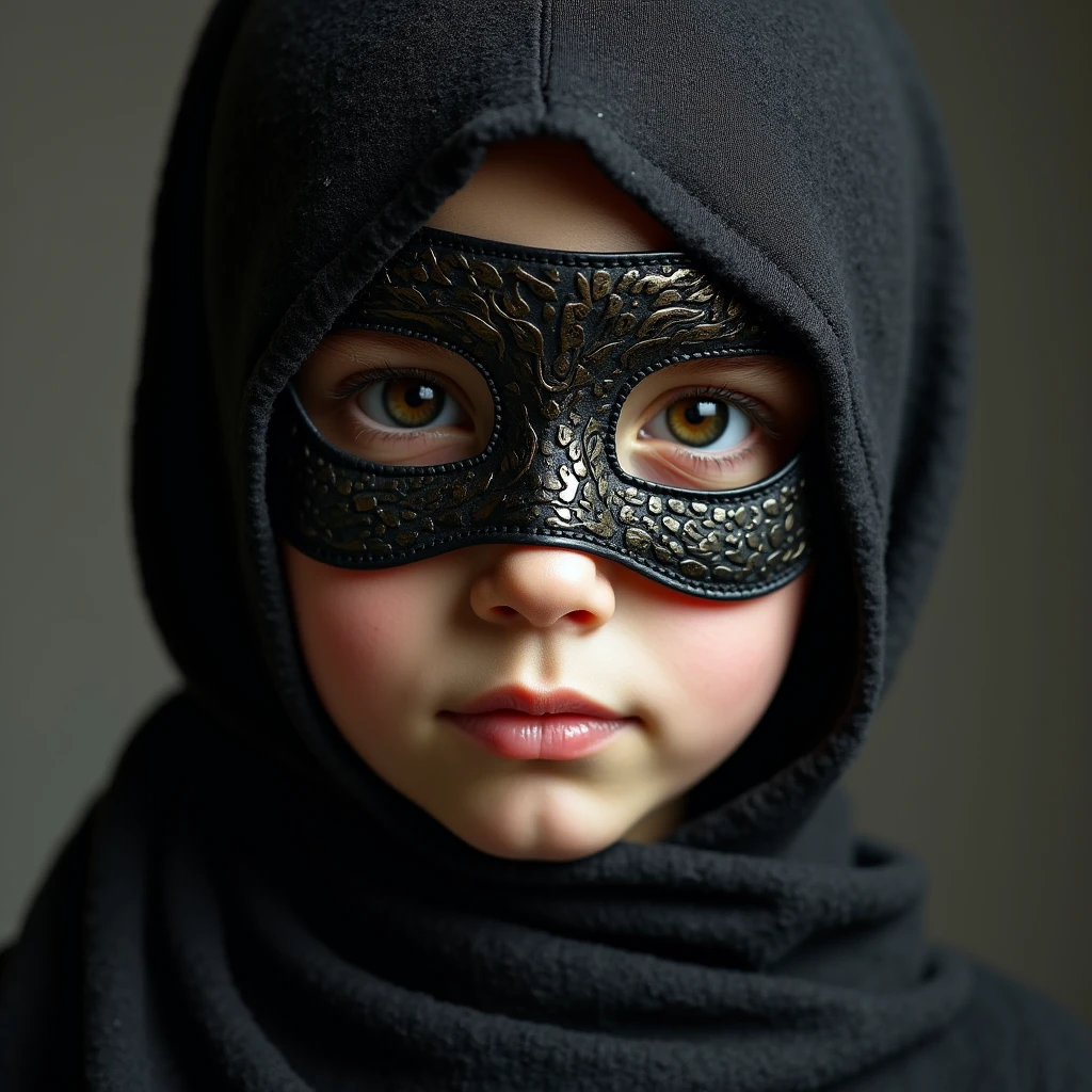 A beautiful girl wearing a mask with only one eye showing