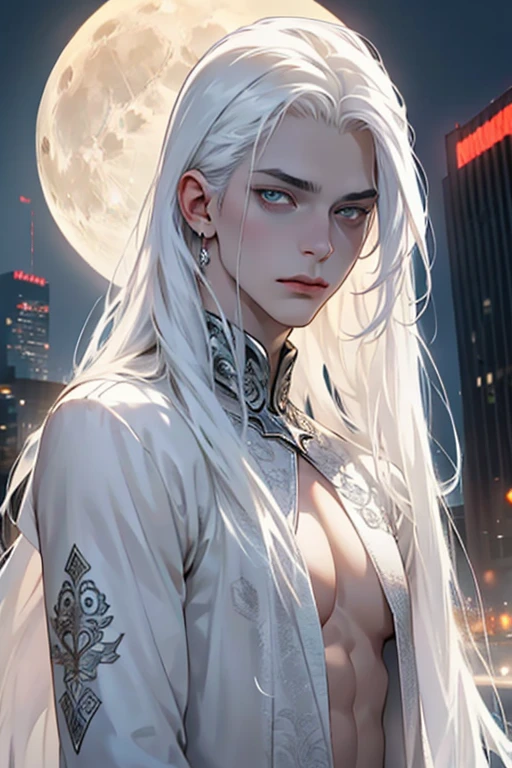 masterpiece, highest quality, (solo focus), (perfect face:1.1), (high detail:1.1),dramatic, (an alluring albino angel guy with long flowing pure white hair and piercing white eyes),1guy, (pale skin), long hair, white eyes, solo, long hair, moon, night, white luxury suit, covered navel, pouty lips, covered, futuristic city, detailed background, art by artgerm cinematic lighting, roses and vines, fashion, BalenciagaStyle