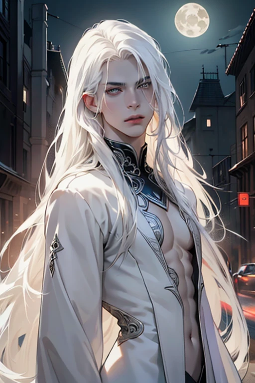 masterpiece, highest quality, (solo focus), (perfect face:1.1), (high detail:1.1),dramatic, (an alluring albino angel guy with long flowing pure white hair and piercing white eyes),1guy, (pale skin), long hair, white eyes, solo, long hair, moon, night, white luxury suit, covered navel, pouty lips, covered, futuristic city, detailed background, art by artgerm cinematic lighting, roses and vines, fashion, BalenciagaStyle