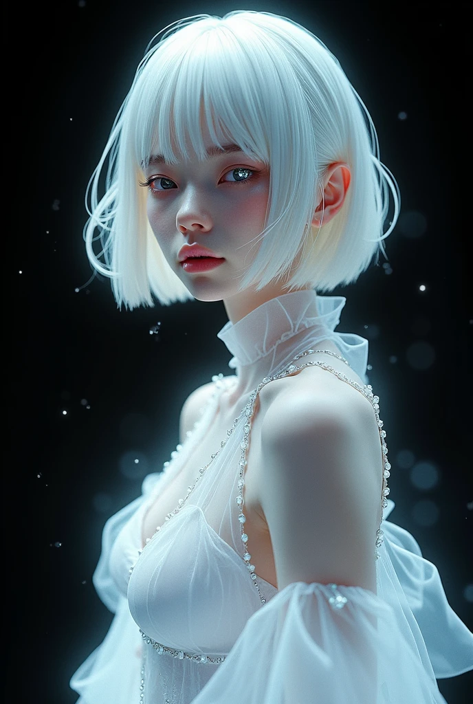 Highest quality,The perfect masterpiece,Perfect artwork,Official Works,8K,, (Upper Body Portrait:1.3),((Seen from the side:1.5)),close-up lens,Delicate face,, ,White-haired girl,(hakuhatsu:1.5),short and medium hair,((White transparent eyes:1.5)),(white dress:1.2),(Transparent clothing:1.2),(Black background:1.3),, pearl illusion,Cyberpunk,fashion trend,3s material,high-definition,detail representation,c4d,3D,octane rendering,ray tracing,complex details,animated lighting,OCrenderer,