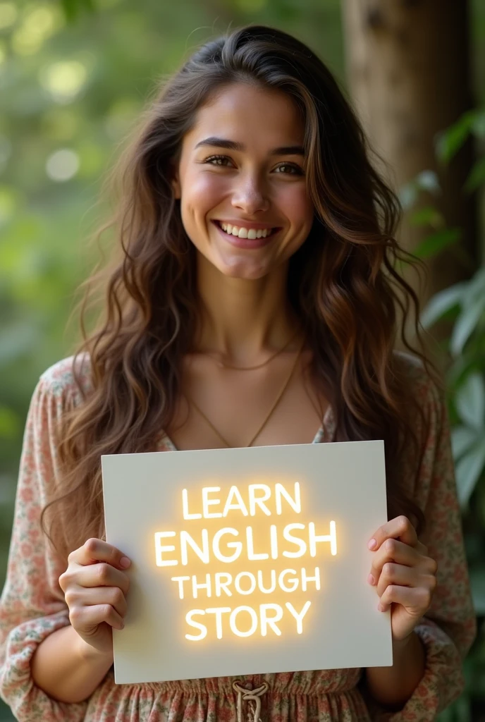 Beautiful girl with heart-warming smile and wavy long hair, bohemian dress, holding a white board with text "learn English Through Story" and showing it to the viewer, the board is glowing with a the text.