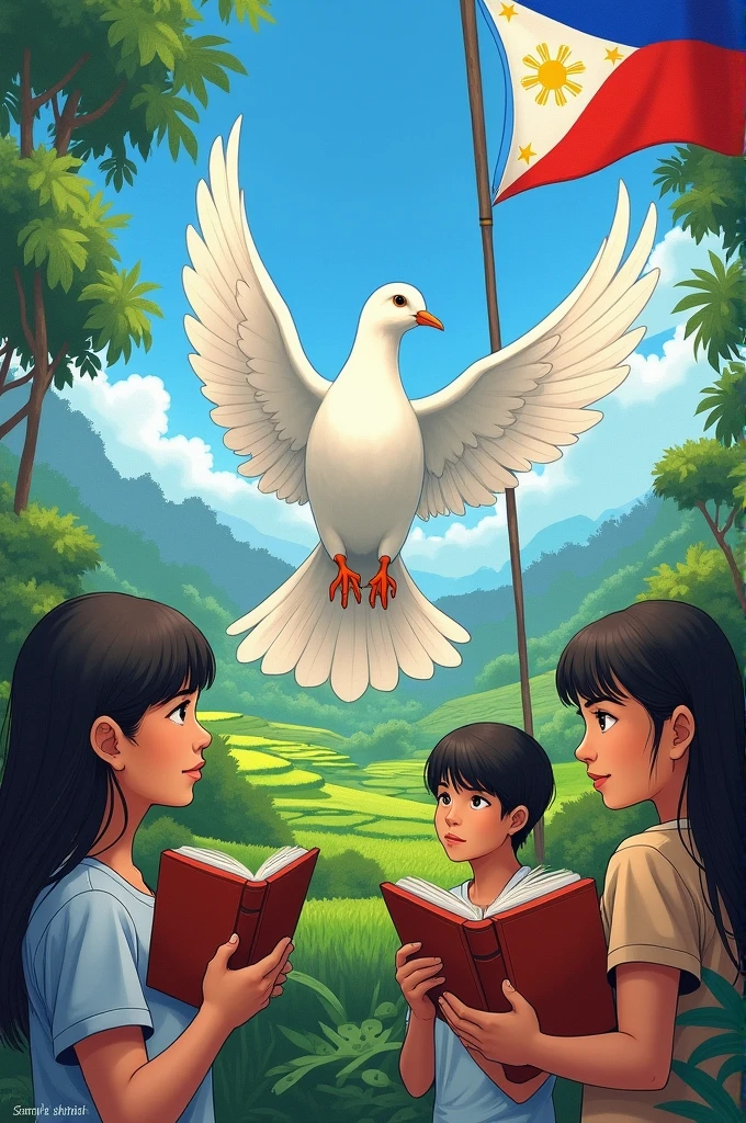 white dove at the center with a Filipino people at the background holding a book and has a Filipino flag as a background and rice terreces in a drawing version with some symbol of freedom.
