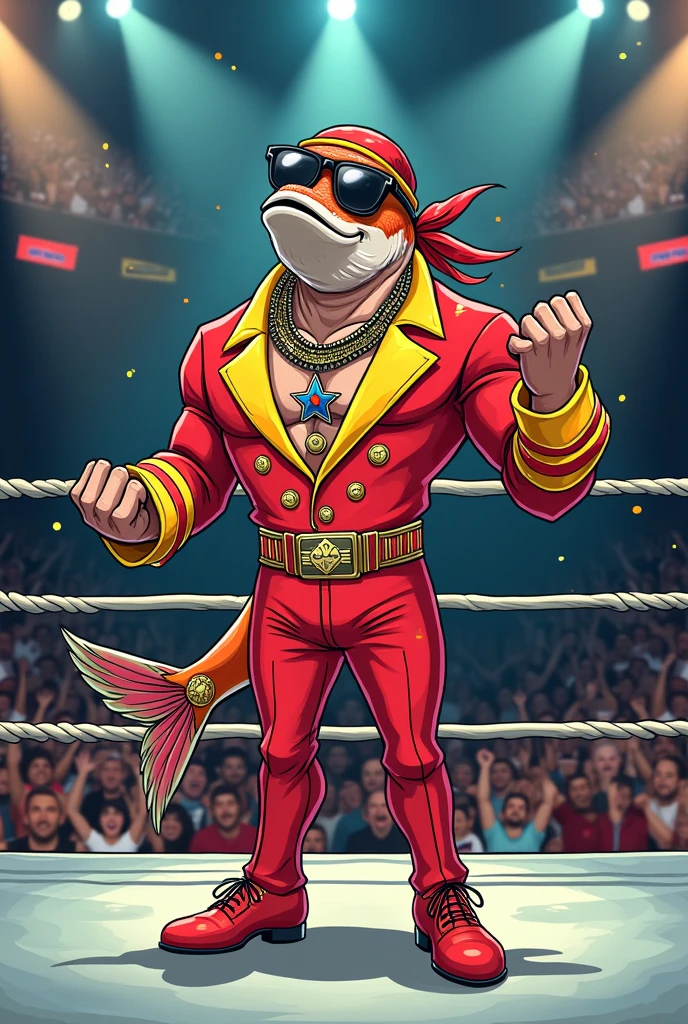 Cartoon salmon dressed like macho man Randy savage in wrestling ring
