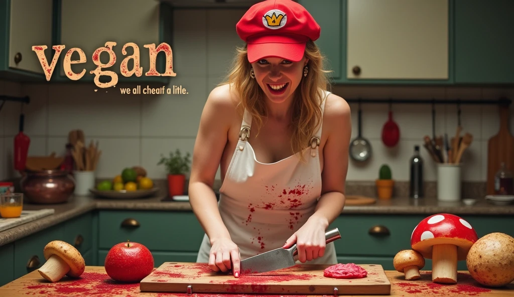 a poster for a movie. "vegan" is displayed at the top of the poster in a whimsical font  the tagline  "we all cheat a little" . Emma Watson is Princess peach,nude , wearing a Mario cap and blood splattered  white butchers apron. she is cutting  Mario mushrooms  with a cleaver, manic grin. 