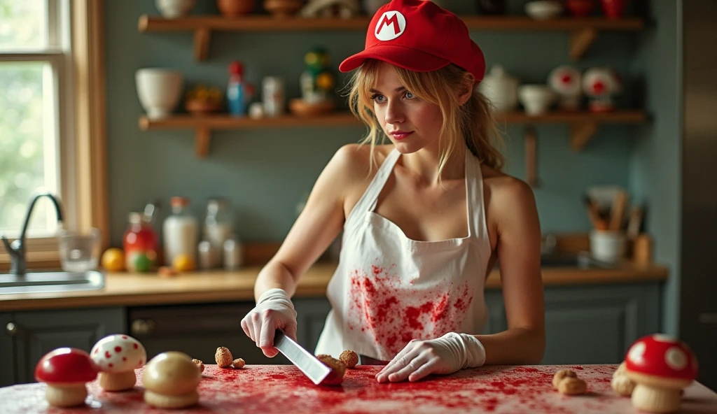 a poster for a movie. "vegan" is displayed at the top of the poster in a whimsical font the tagline "we all cheat a little" . Emma Watson is Princess peach,nude , wearing a Mario cap and blood splattered white butchers apron. she is cutting Mario mushrooms with a cleaver, manic grin.