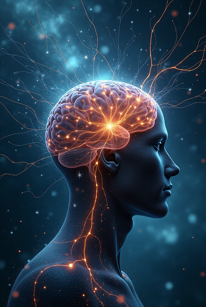 Book cover for a book about neural networks and philosophy! The human brain against a background of neurons and space