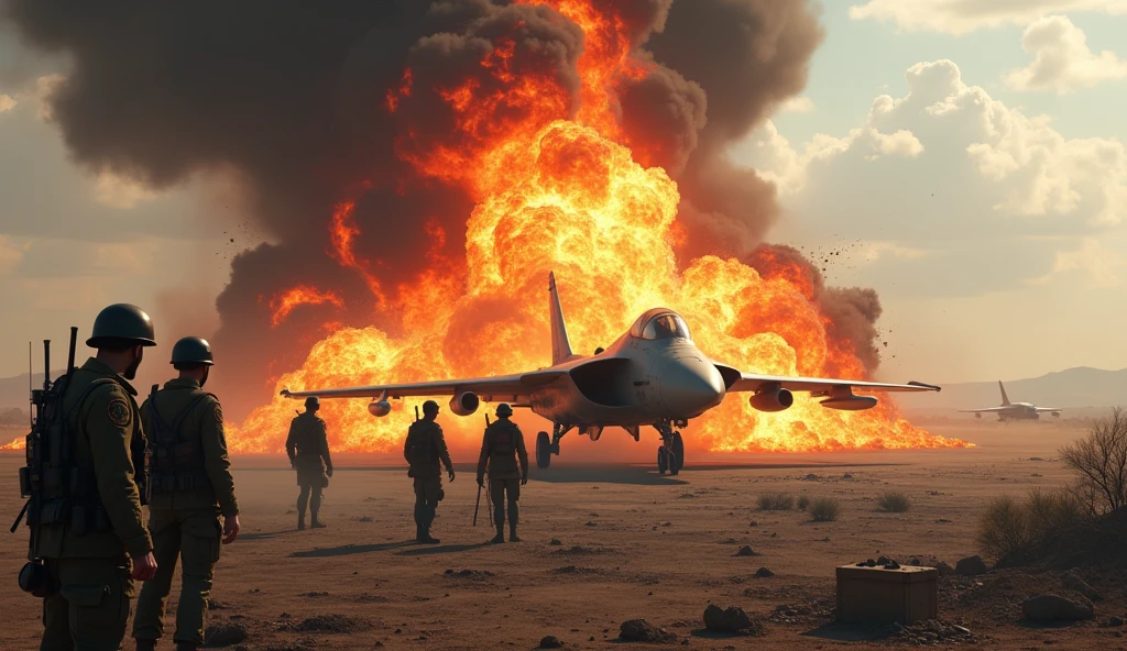 Draw a picture of an exploding jet plane with several soldiers next to it. Add high heat. Describes a very powerful explosion