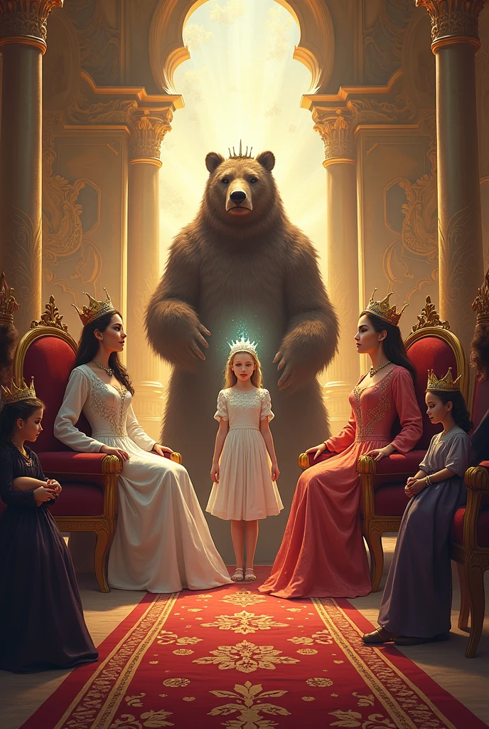 gumawa ng picture na may anim na character kasama ang hari at Reyna na may dalawang prinsesa at guardian spirit na may kasamang bear