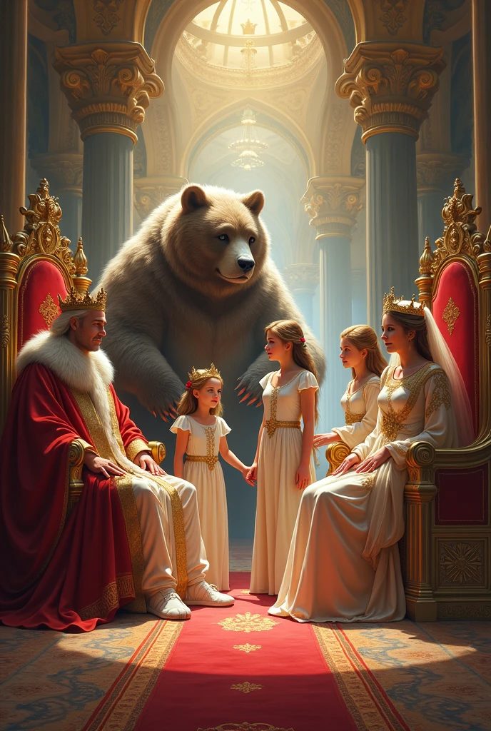 gumawa ng picture na may anim na character kasama ang hari at Reyna na may dalawang prinsesa at guardian spirit na may kasamang bear