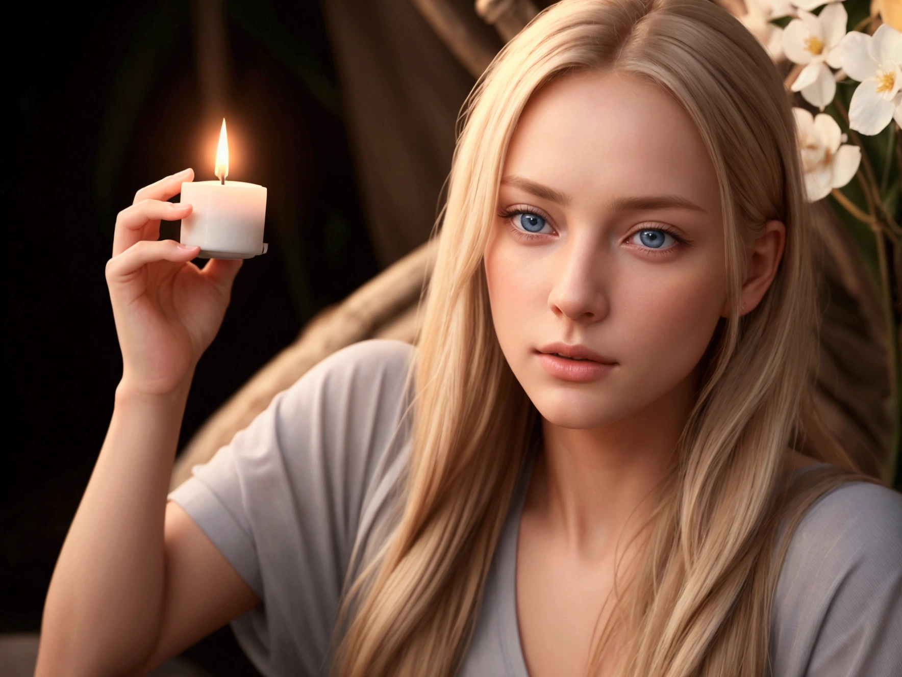 beautiful girl with long blond hair, She is sitting and meditating with gray-blue eyes .She is wearing yoga and meditation clothes .Nature and flowers are behind her, and a candle is in front of her. . HP (Best quality,4K,8 K,a high resolution,masterpiece:1.2),ultra detailed,(realistic,photorealistic,photo-realistic:1.37),HDR,studio lighting,A very detailed face, body, and clothes , portrait,cinematic lighting,dramatic lighting,warm color tones