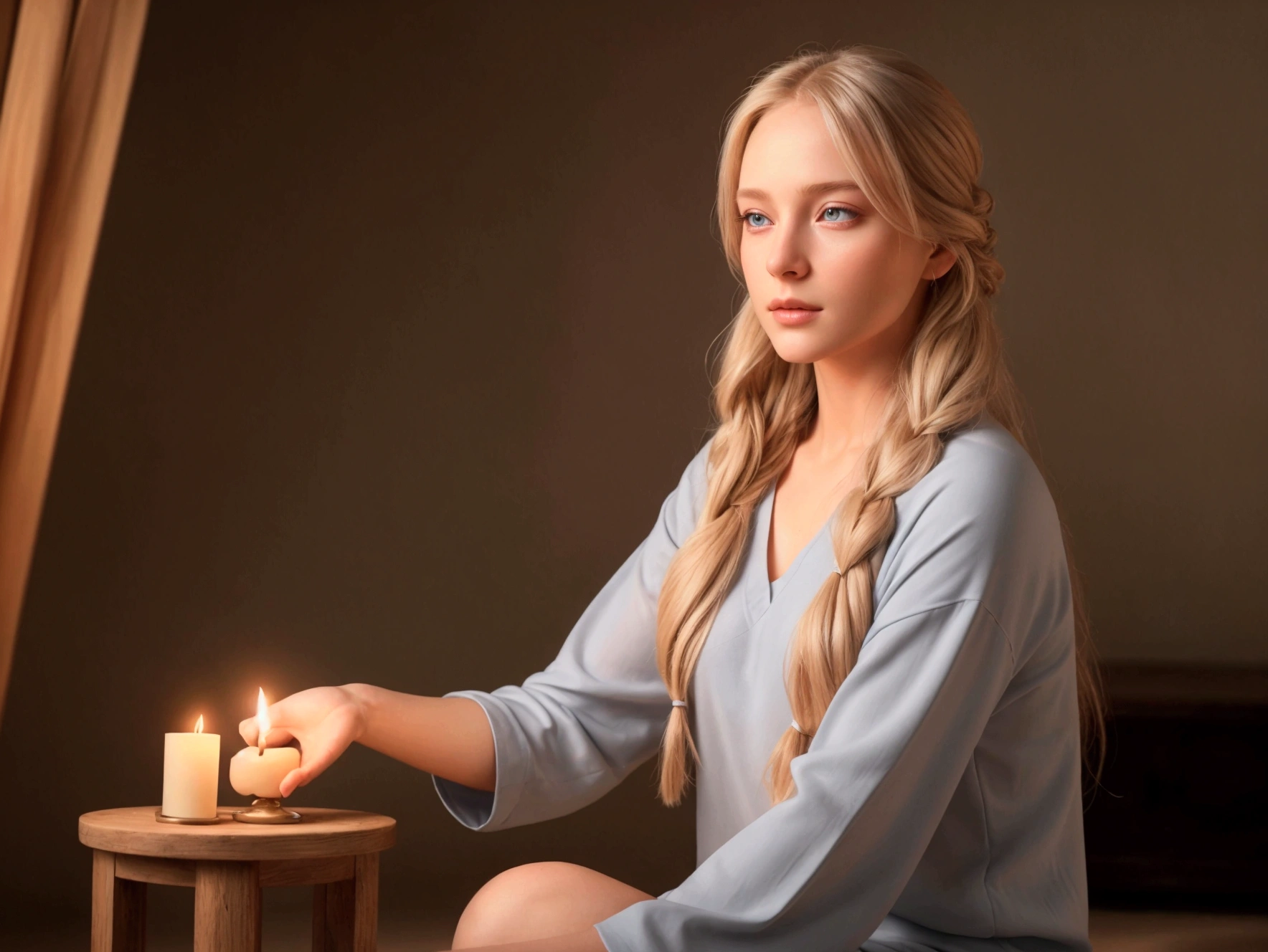 beautiful girl with long blond hair, She is sitting and meditating with gray-blue eyes .She is wearing yoga and meditation clothes .Nature and flowers are behind her, and a candle is in front of her. . HP (Best quality,4K,8 K,a high resolution,masterpiece:1.2),ultra detailed,(realistic,photorealistic,photo-realistic:1.37),HDR,studio lighting,A very detailed face, body, and clothes , portrait,cinematic lighting,dramatic lighting,warm color tones