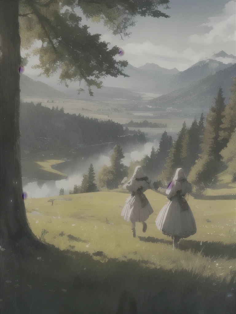 In a green meadow stands a girl leading a group of knights.
BREAK
With a brave expression, she guides them towards their destination.
BREAK
Behind her, a green forest stretches out and beyond that, mountains rise in the distance.
BREAK
The most suitable effect for this scene would be a watercolor painting technique to capture the softness of the meadow and the fluidity of the movement.