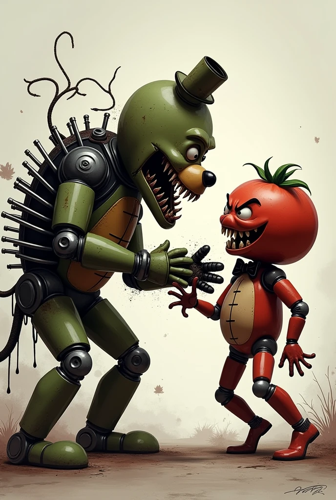 Spingtrap from fnaf 3 at left part of screen is fighting with simple not robot tomatoman at right part of screen they both are looking angry
