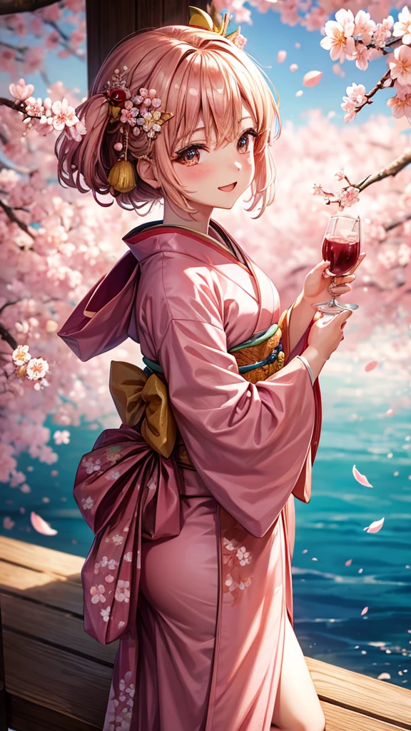 Peach Princess wearing a kimono enjoying cherry blossom viewing.