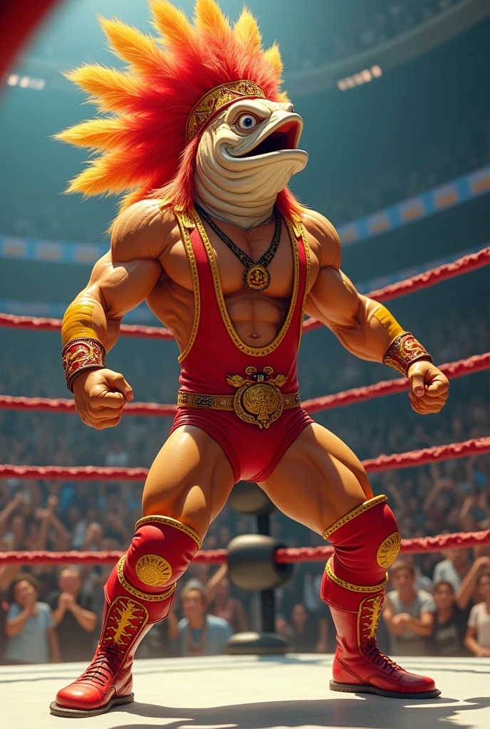 cartoon salmon dressed like macho man Randy savage in wrestling ring 