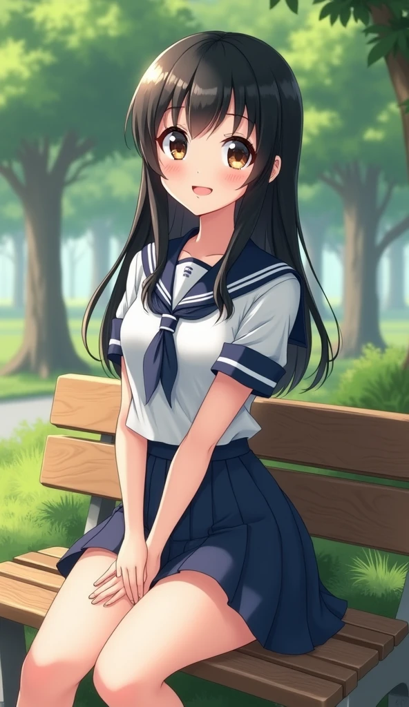 Highest quality beautiful girl Japanese Cute high school girl uniform mini skirt Beauty リアルなhuman Face looking at the camera smile Sit on a chair Park bench human